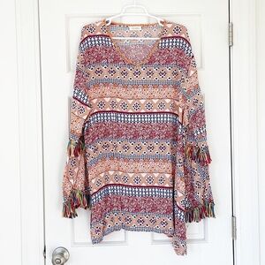 VELZERA tunic dress size XL red blue yellow beach coverup fringe
